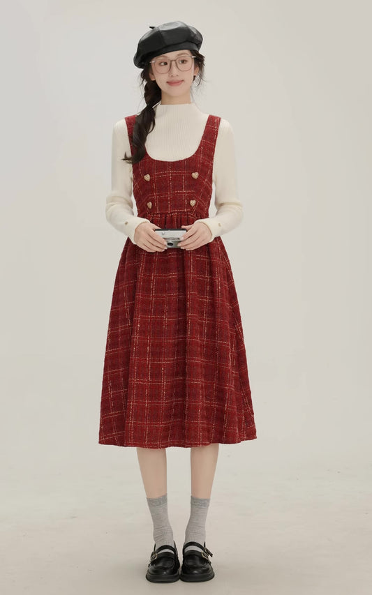 Sweet Apple Pie Plaid Pinafore Dress (Red)