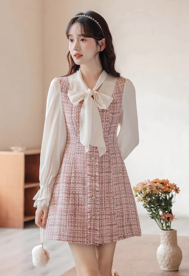 Tie Neck Tweed Mini Shift Dress (Pink)