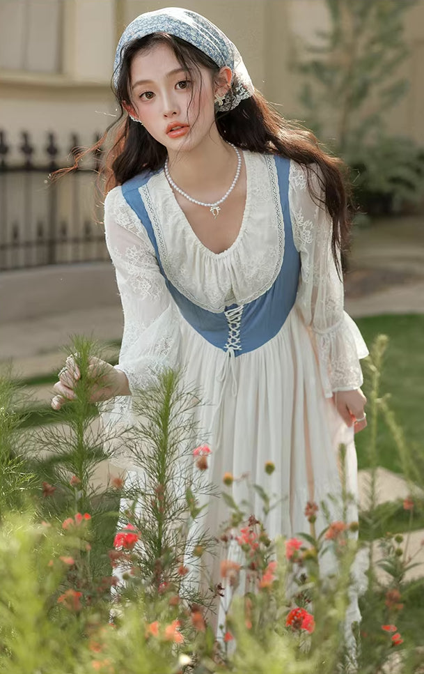 Belle Twofer Corset Peasant Maxi Dress (White/Blue)