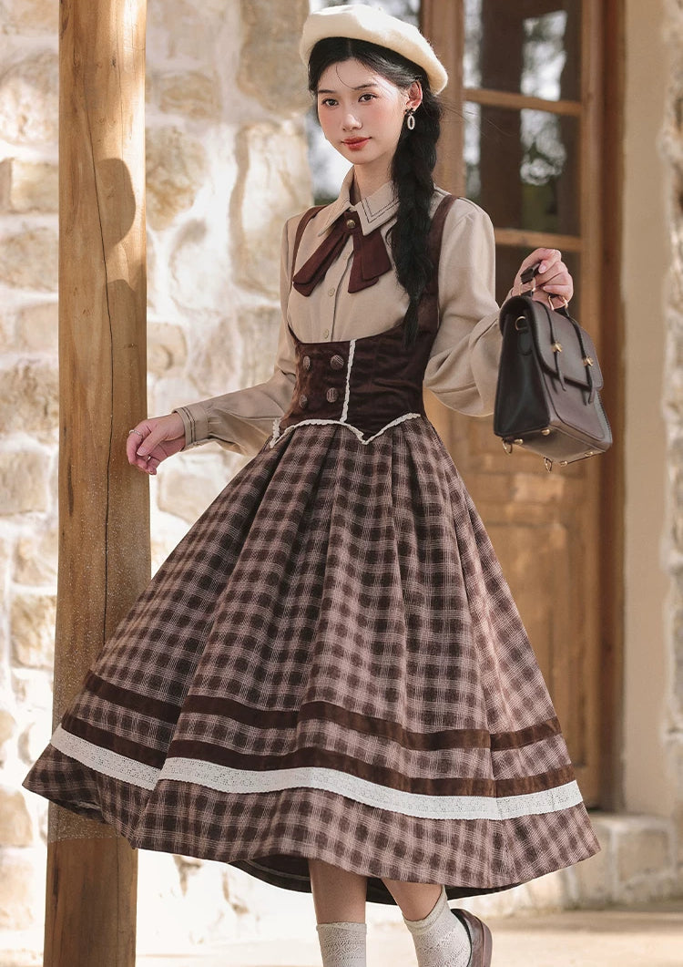 Mocca Plaid Suspender Skirt (Brown)
