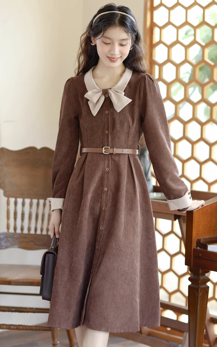 Bow Collar Corduroy Button Down Dress (Chocolate)