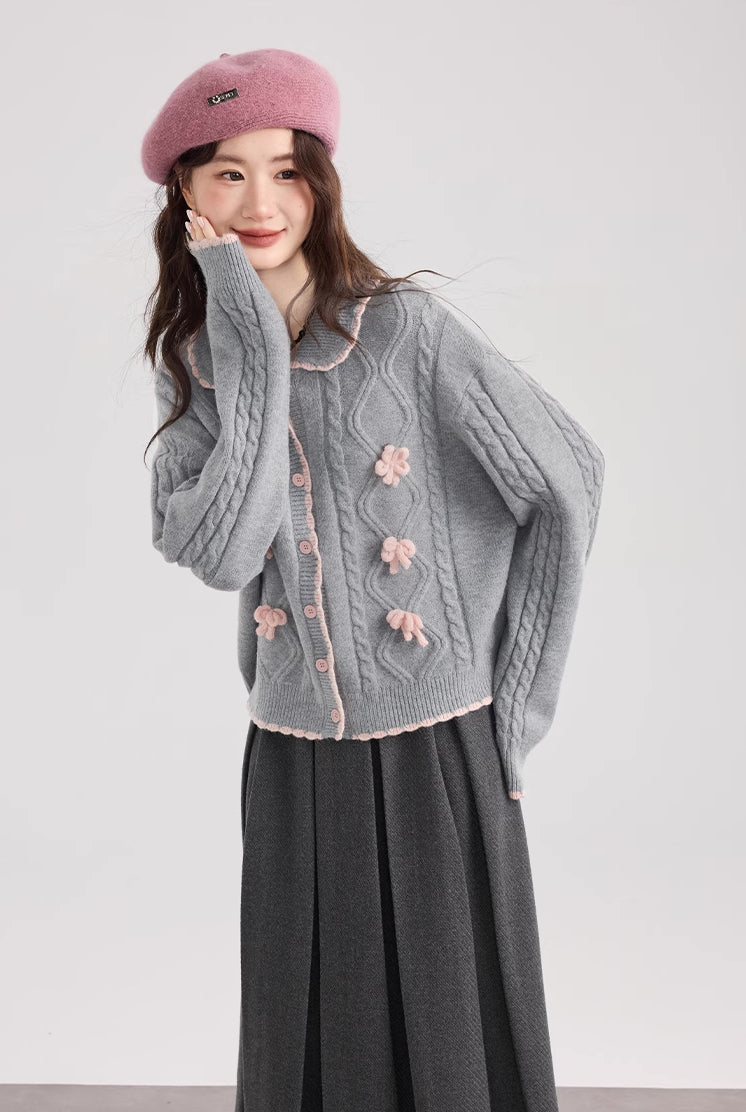 Braided Knit Bows Cardigan (Gray)