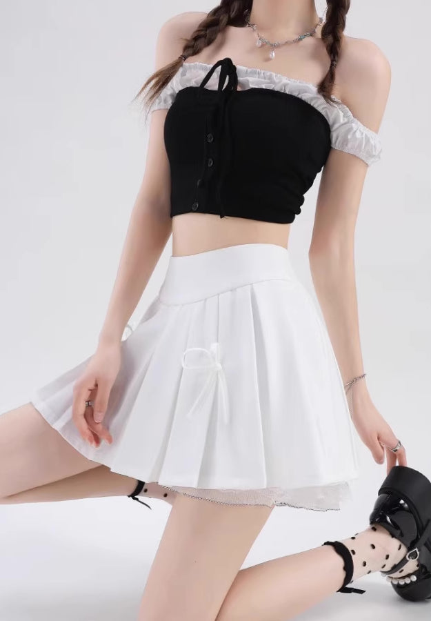 Bow Lace Pleated Mini Skirt (7 Colors)