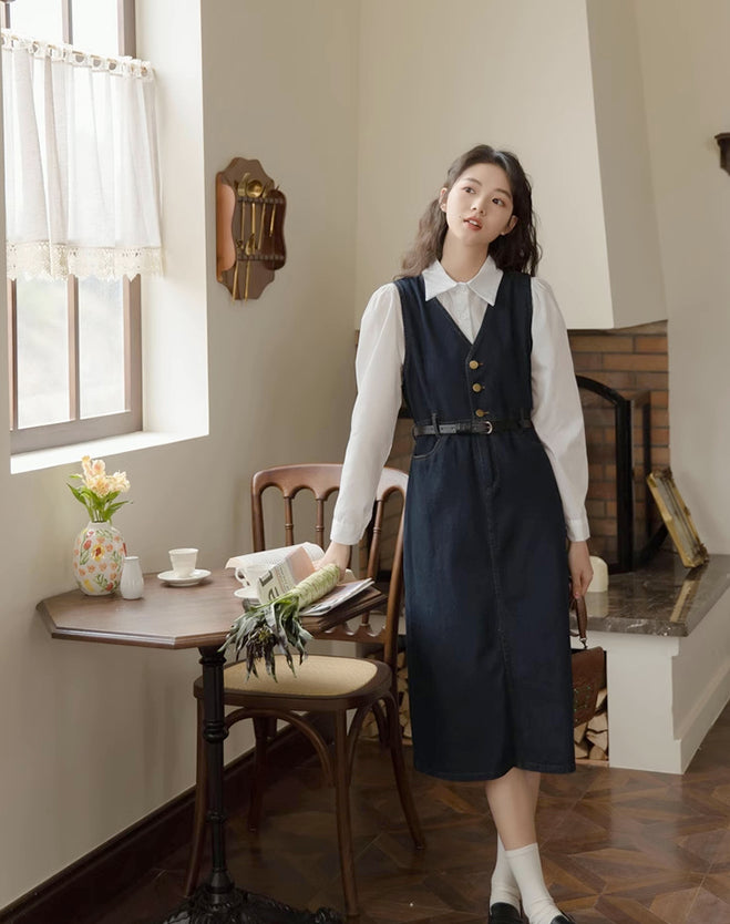 Denim Midi Pinafore (Dark Blue)