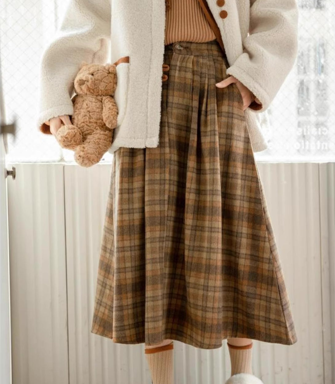 Rustic Plaid Midi Skirt Khaki Orange