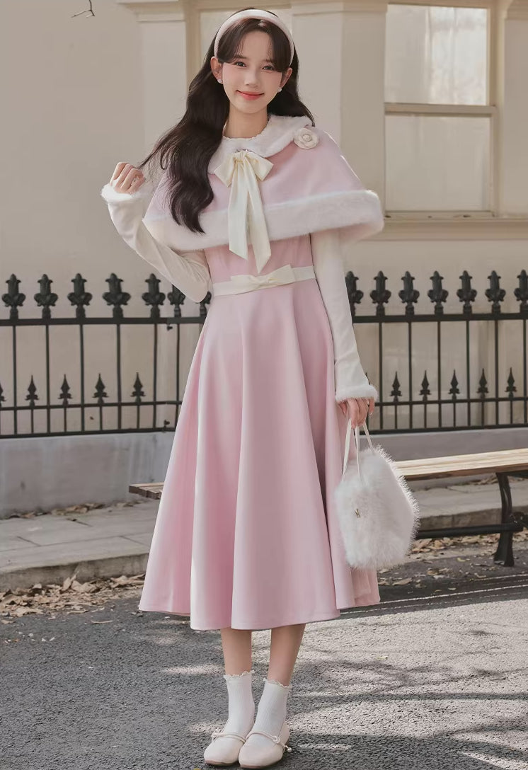 Cotton Candy Capelet & Midi Dress Set (Pink/White)
