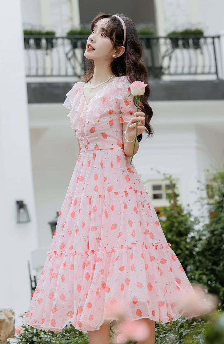 Strawberry Girl Midi Dress (Pink)