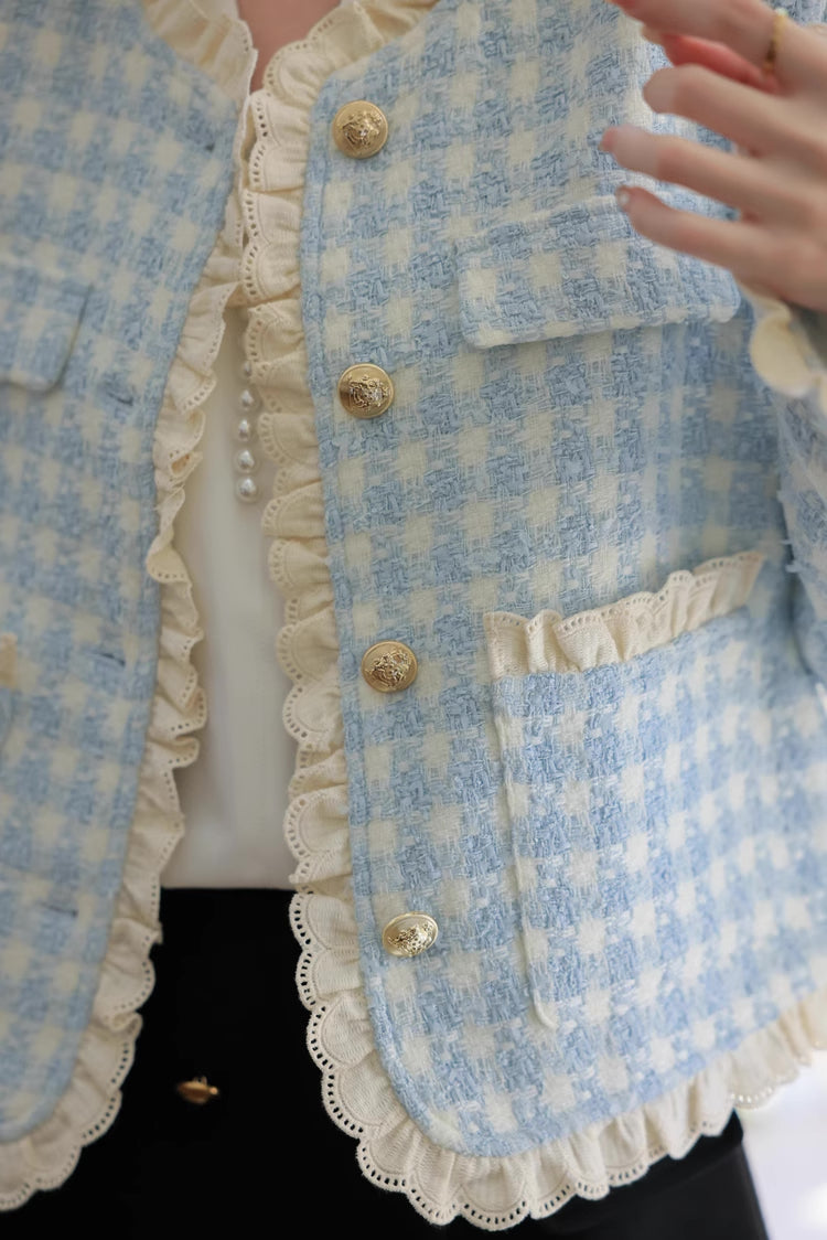 Gingham Lace Trim Tweed Jacket (Blue)