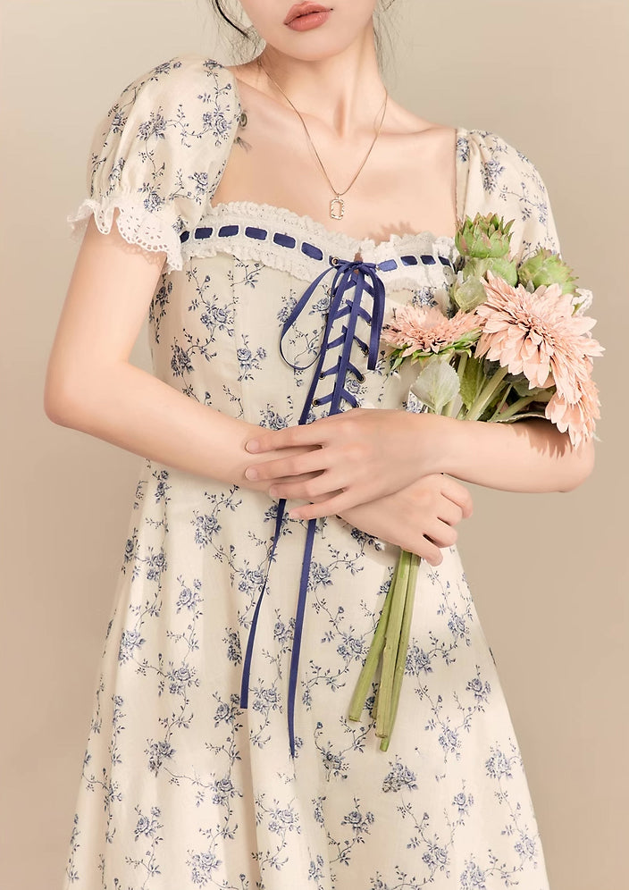 Porcelain Rose Lace Up Midi Dress (White/Blue)