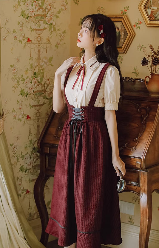 Short Sleeve Crepe Suspender Skirt Set (Maroon)