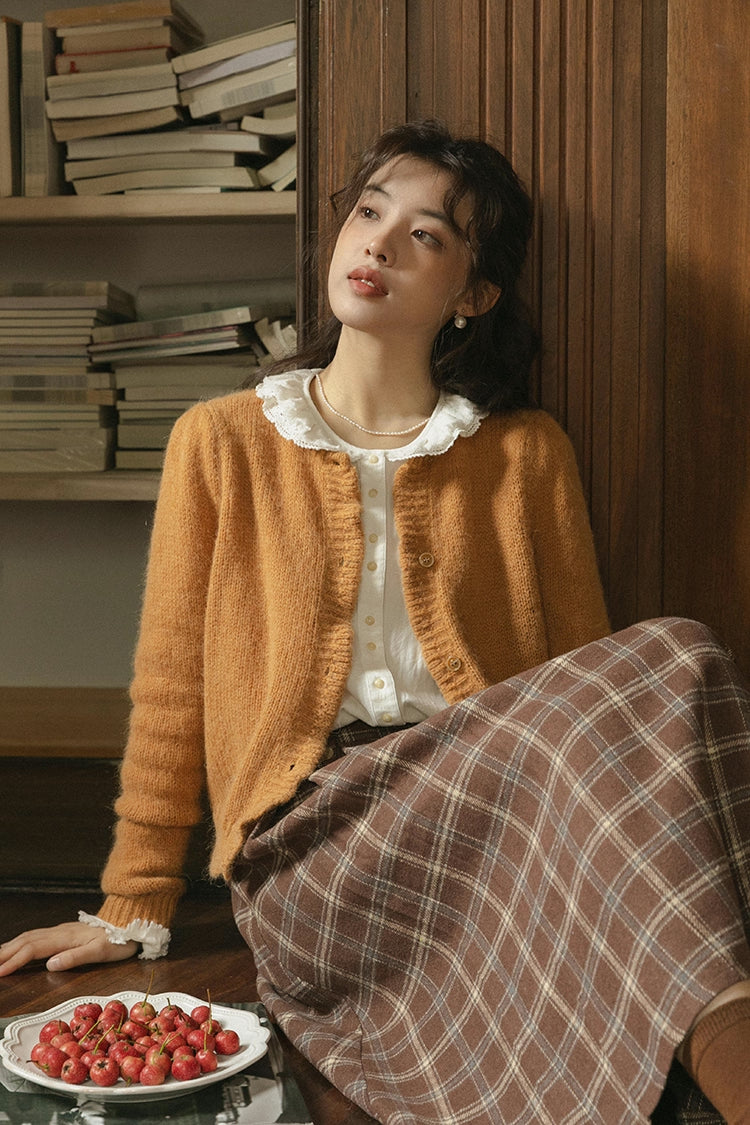 Round Neck Knitted Cardigan (Pumpkin Mustard)