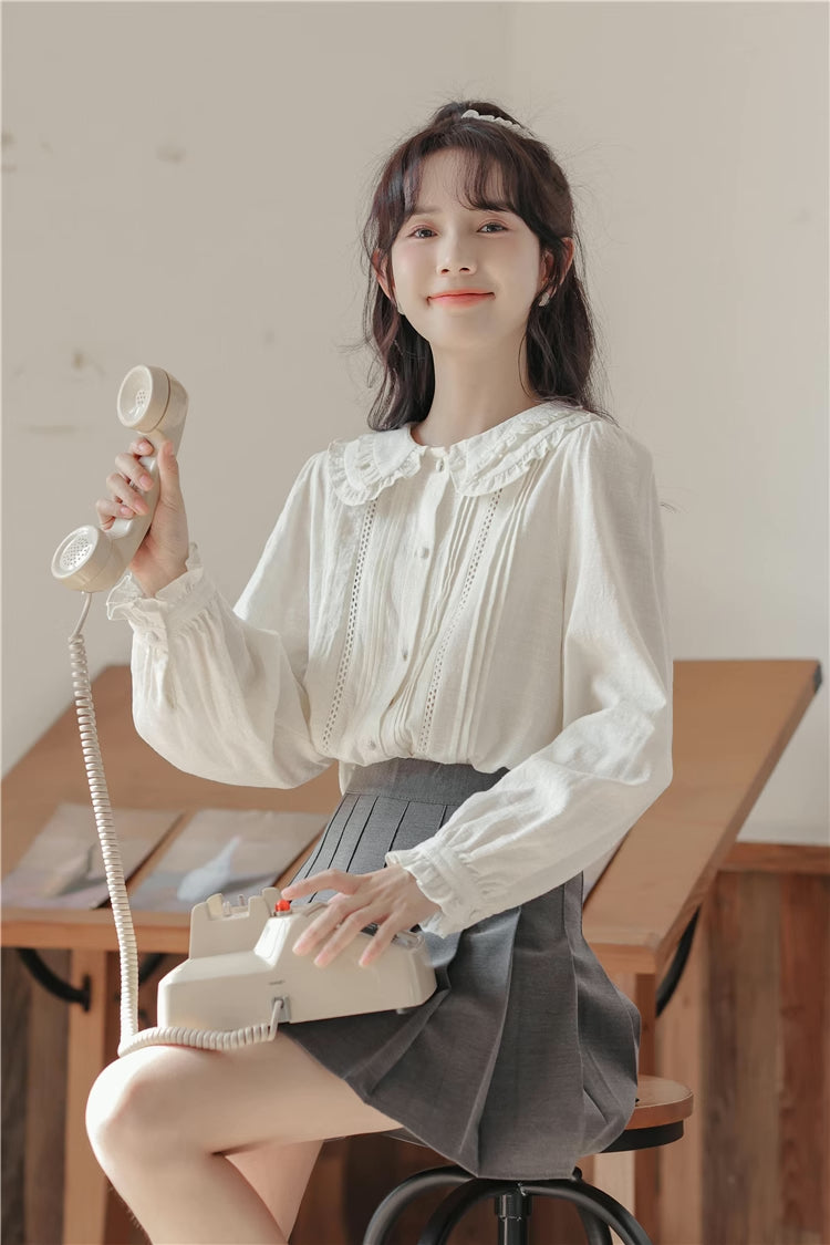 Ruffled Peter Pan Collar Blouse (White)