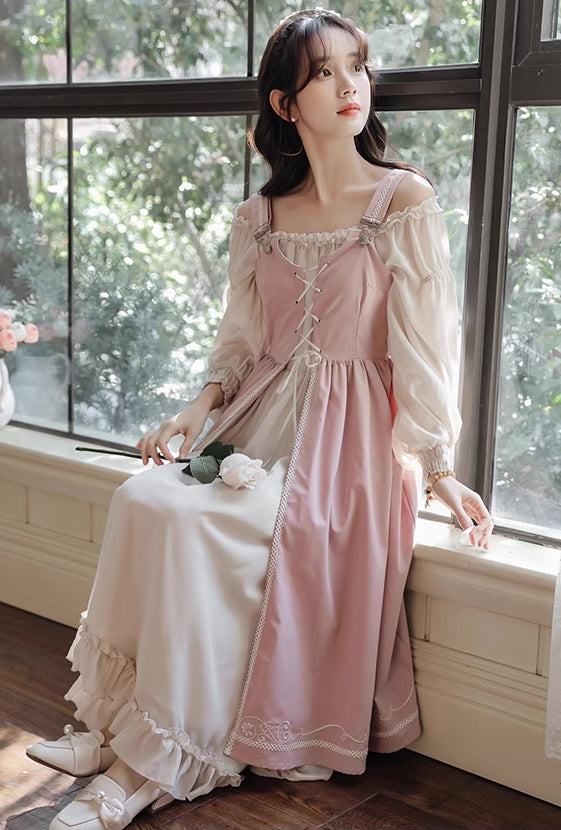 Two-Piece Corset Peasant Dress (Pink/Cream)