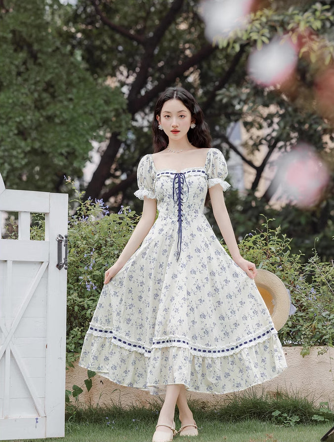 Porcelain Rose Lace Up Midi Dress (White/Blue)