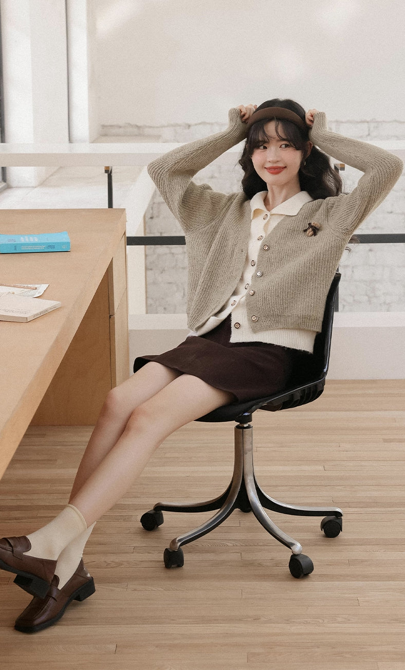 Faux Layered Cardigan (Khaki)