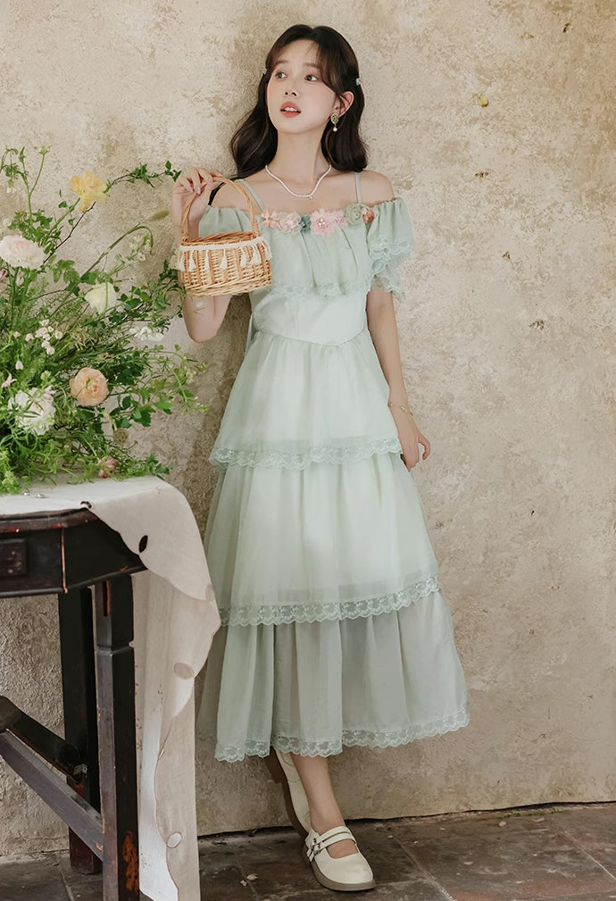 Garden Fairy Tiered Cold Shoulder Midi Dress (Mint Green)