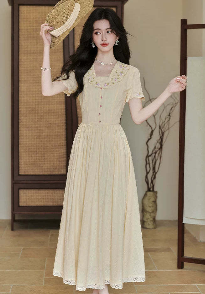 Grapevine Scallop Collar Midi Dress (Yellow)
