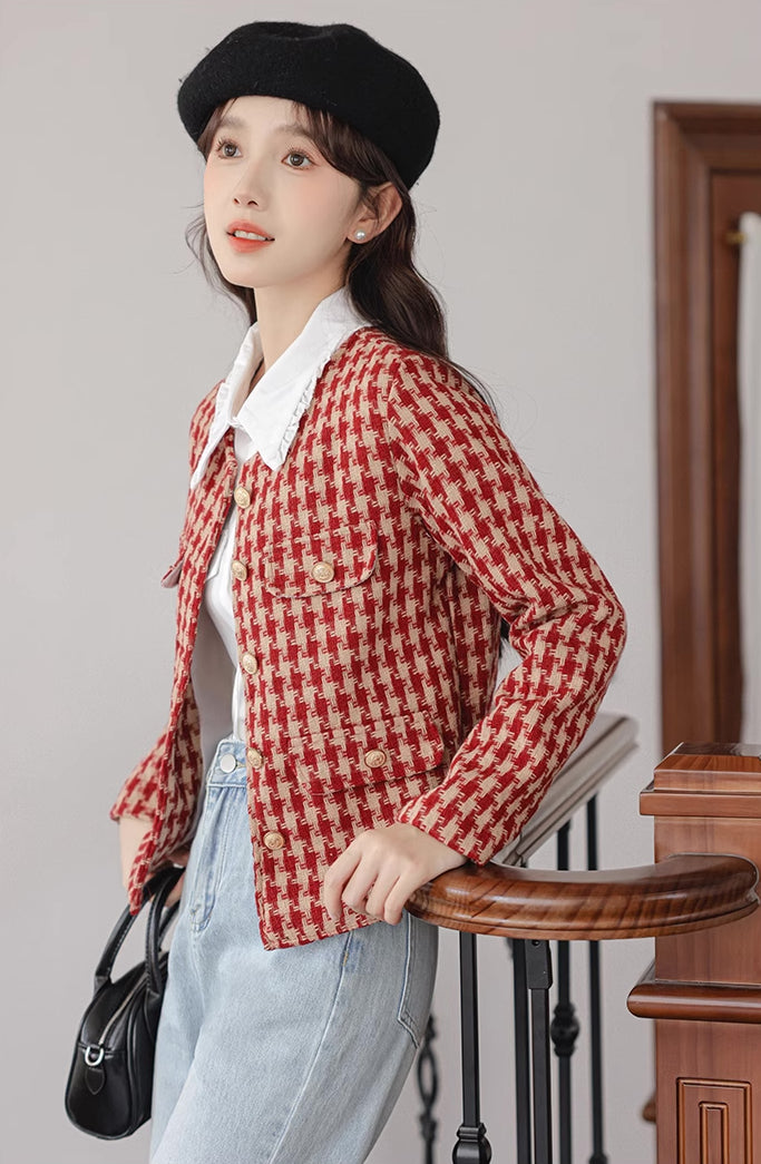 Houndstooth Tweed Jacket (Red)