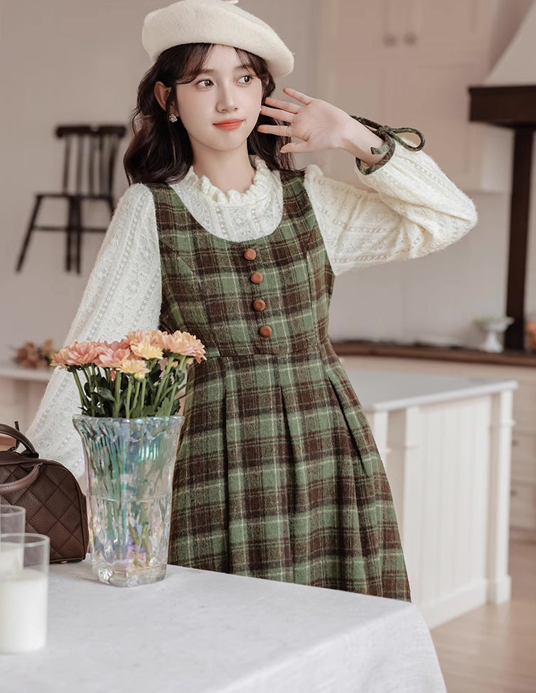 Chocolate Tea Plaid Twofer Midi Dress (Green)