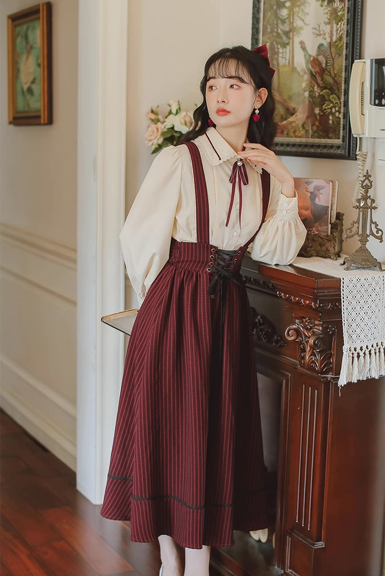 Long Sleeve Crepe Suspender Skirt Set (2 Colors)