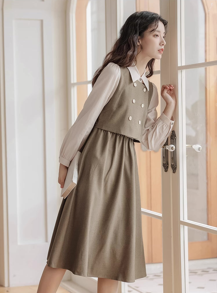 Double Breasted Twofer Midi Dress (Khaki)