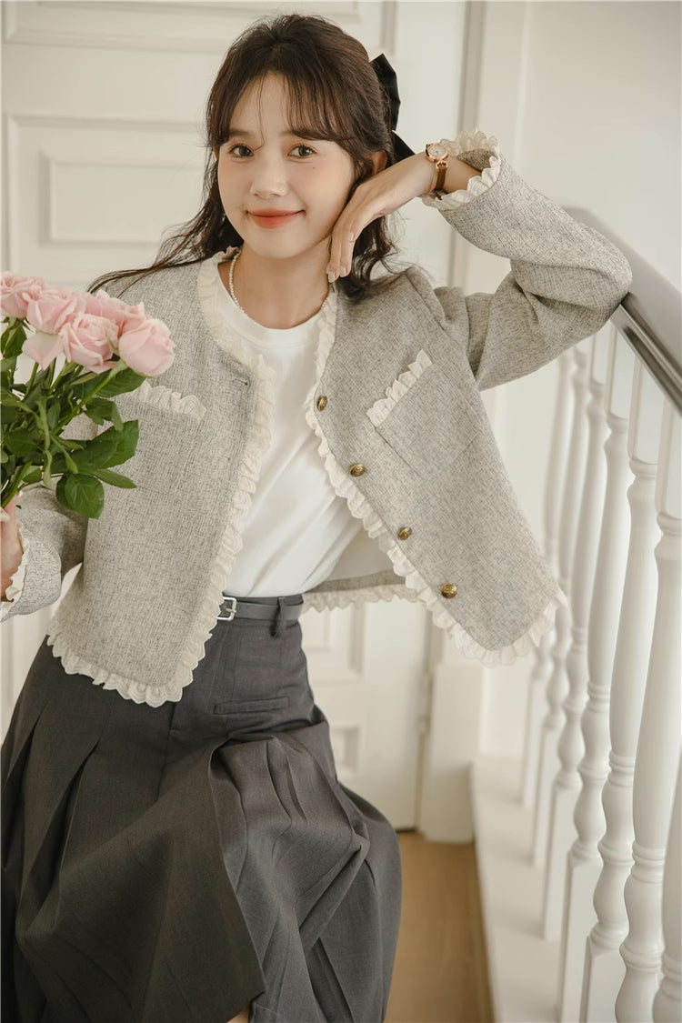 Lace Trim Tweed Jacket (Light Gray)
