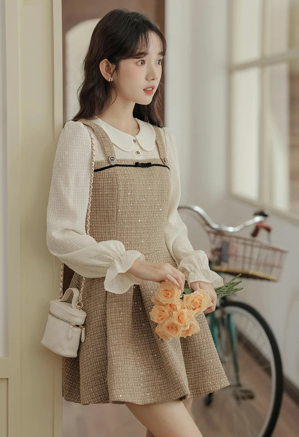 Latte Tweed Mini Twofer Dress (Khaki)
