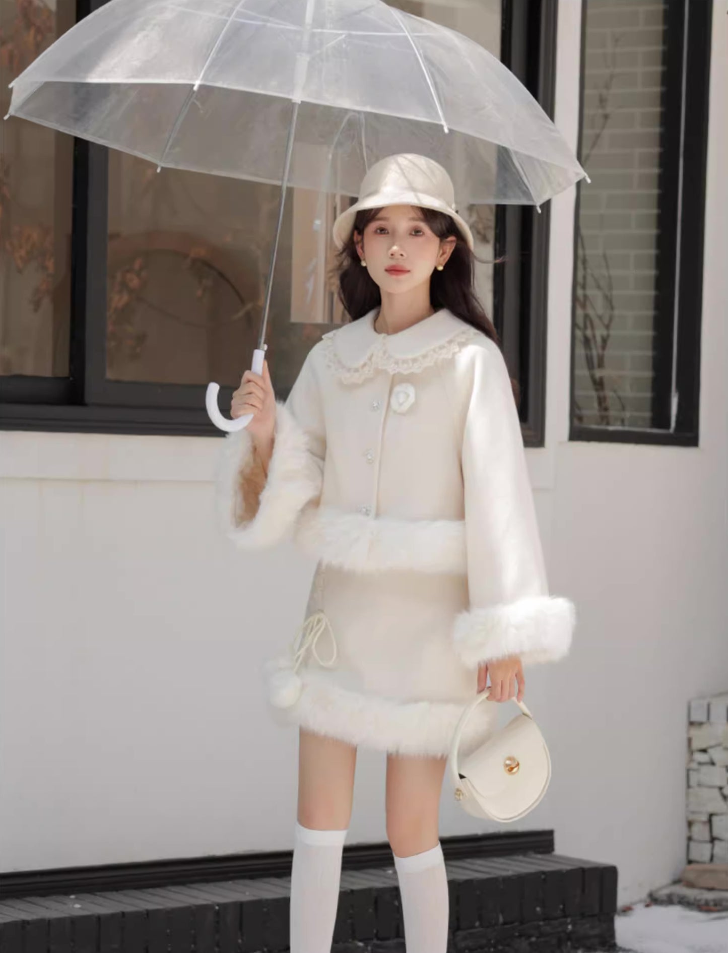 Fuzzy Snow Puff Tweed Set (Cream)