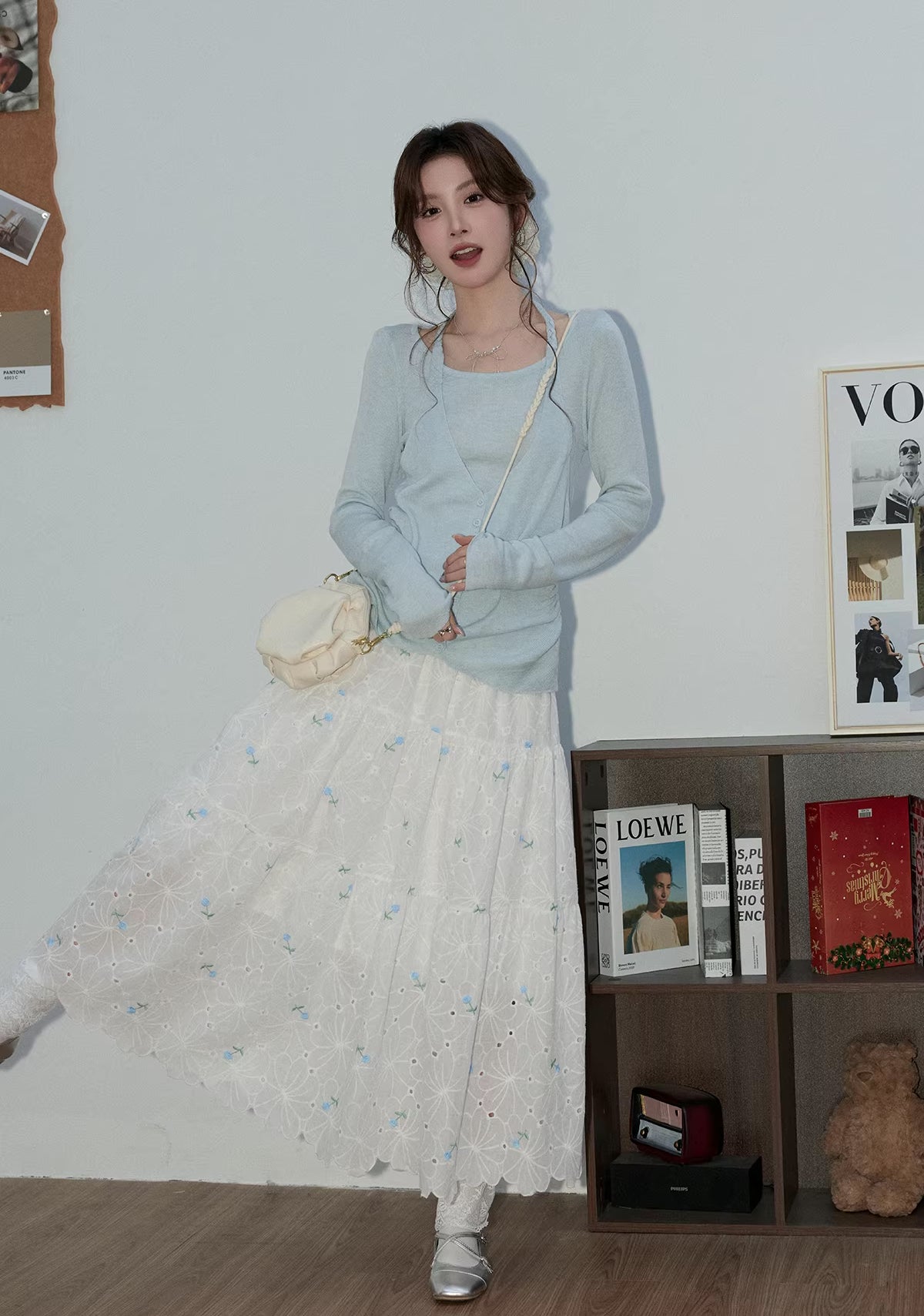 Flower Punch Midi Skirt (White/Blue)
