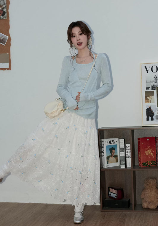 Flower Punch Midi Skirt (White/Blue)