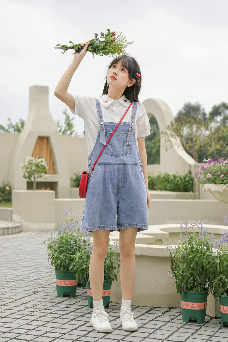 Rosy Days Embroidered Short Overalls (Light Denim)