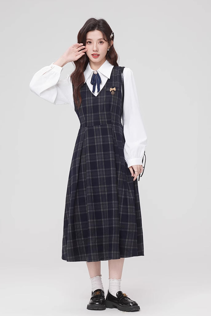 Oxford Plaid Midi Pinafore & Blouse Set (Navy)