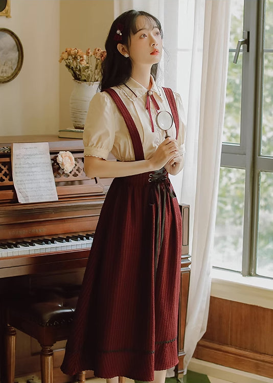 Short Sleeve Crepe Suspender Skirt Set (Maroon)