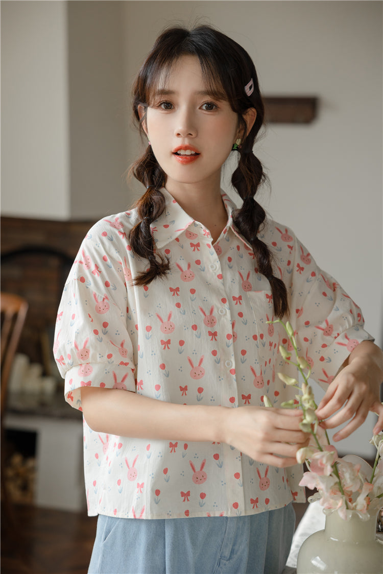 Pink Bunny Cropped Button Up Shirt (White)