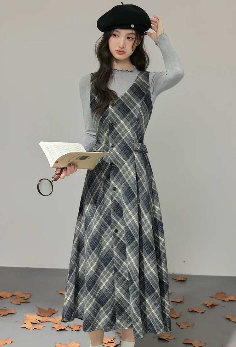 Midnight Plaid Pinafore Midi Dress (Grey)
