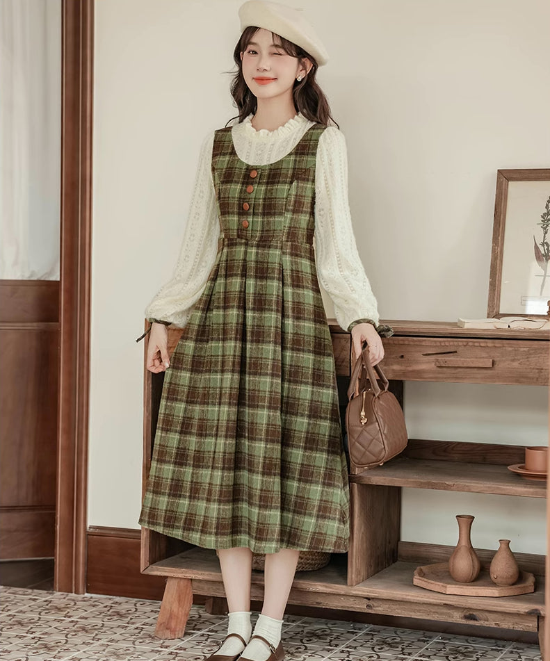 Chocolate Tea Plaid Twofer Midi Dress (Green)