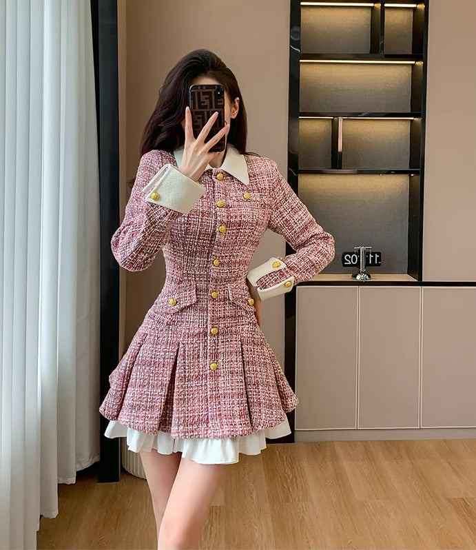 Flirty Plaid Tweed Mini Dress (Pink)