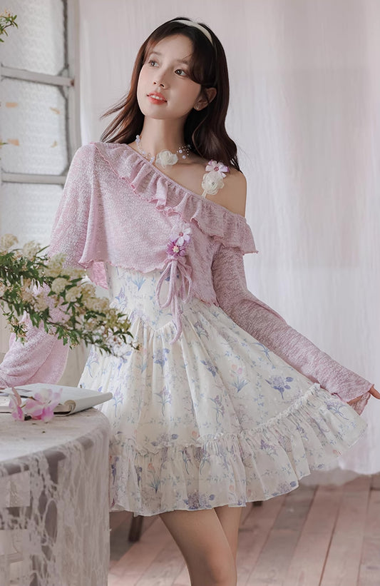 Sweet Floral Mini Dress (White/Purple)