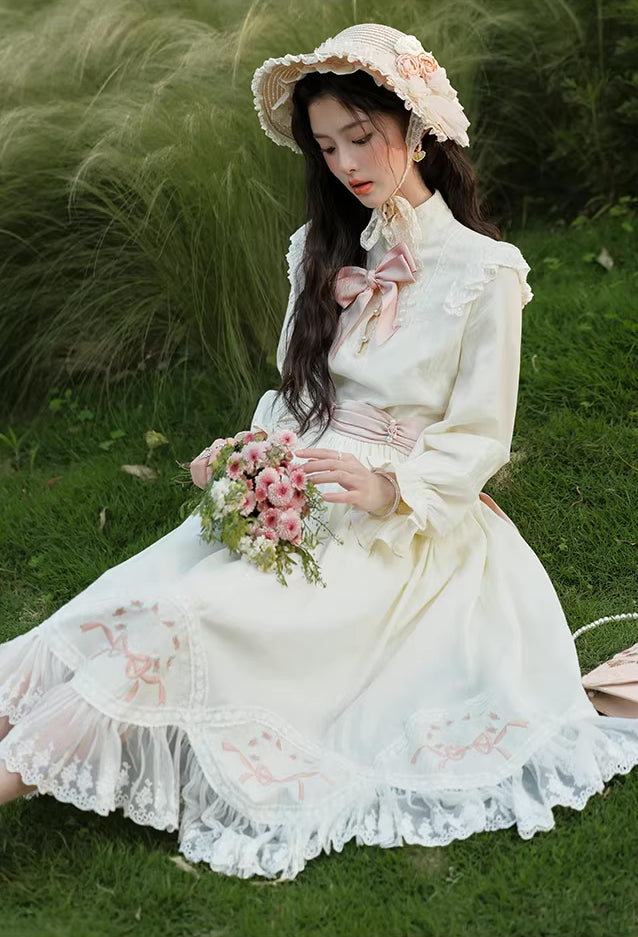 Rosy Bows Midi Dress (White)