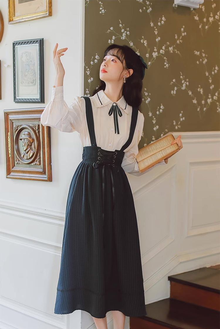 Long Sleeve Crepe Suspender Skirt Set (2 Colors)