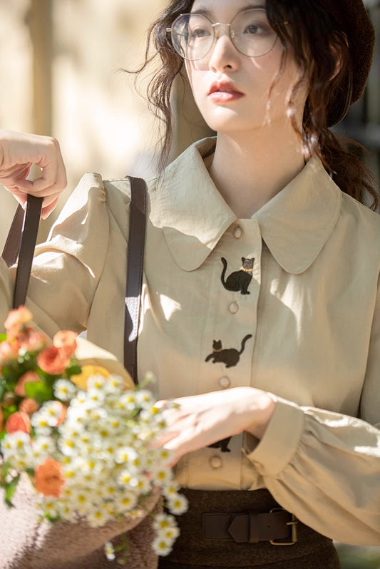 Black Cat Embroidered Blouse (Khaki)