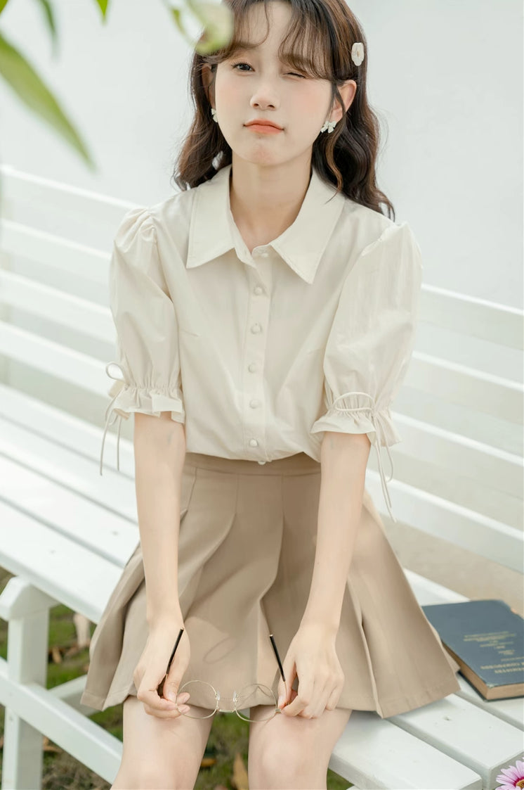 Basic Frilly Puff Sleeve Blouse (Cream)