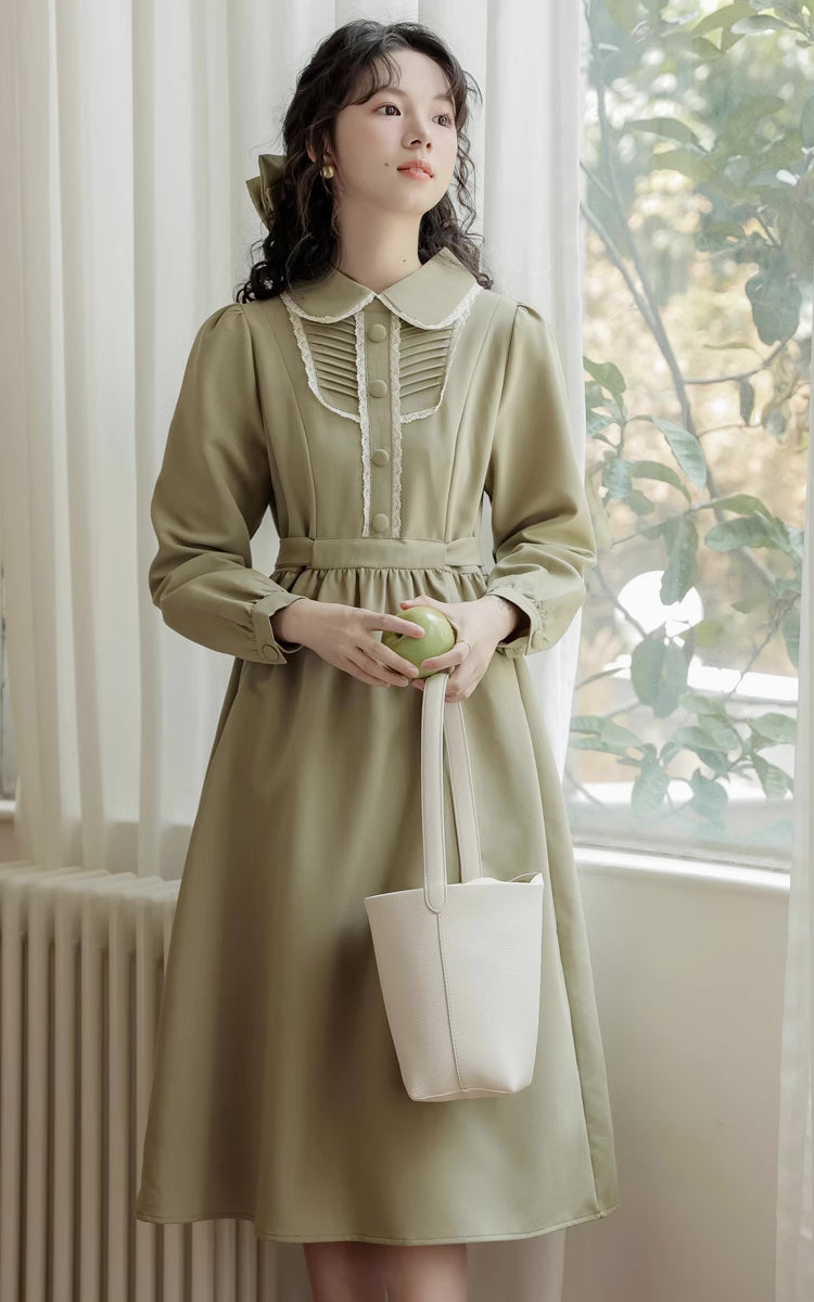 Sunday Tea Long Sleeve Midi Dress (Olive)