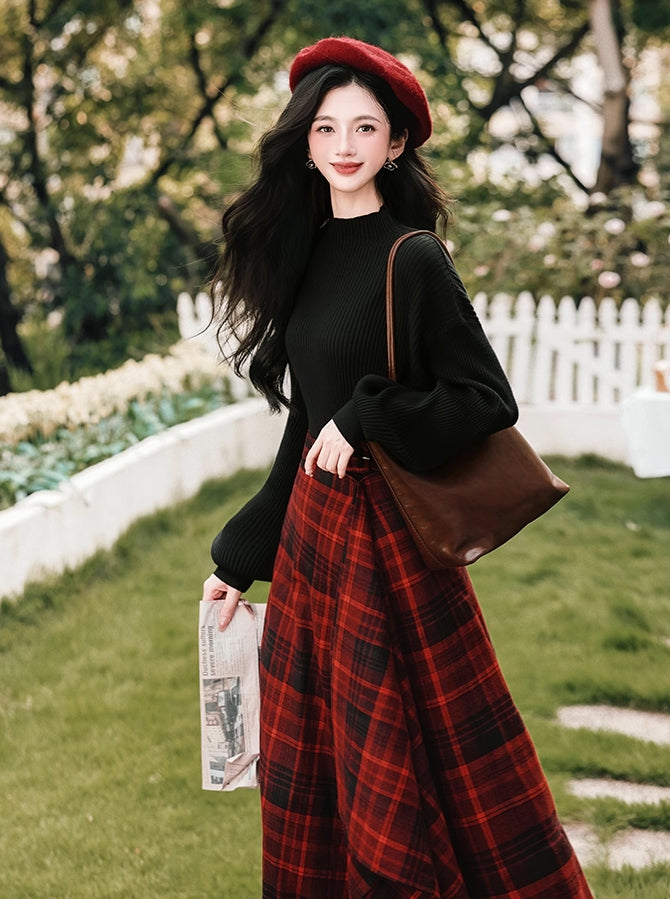Lingonberry Plaid Asymmetrical Midi Skirt (Red/Black)
