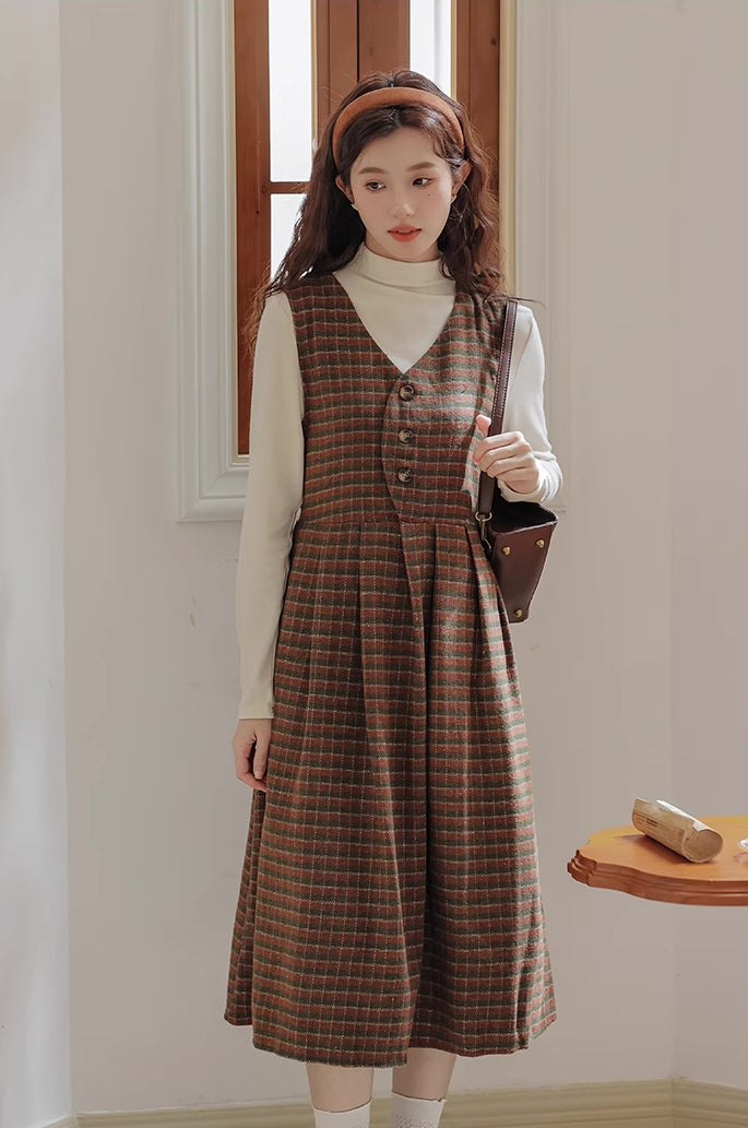 Fallen Leaves Plaid Pinafore Dress Set (Brown)