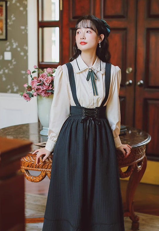 Long Sleeve Crepe Suspender Skirt Set (2 Colors)