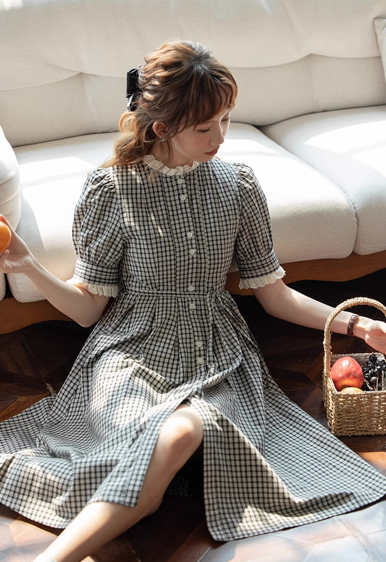 Button Up Plaid Midi Dress (Black/White)