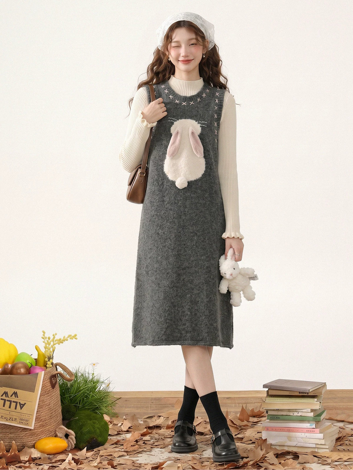 Bunny Tail Sleeveless Sweater Dress (Gray)