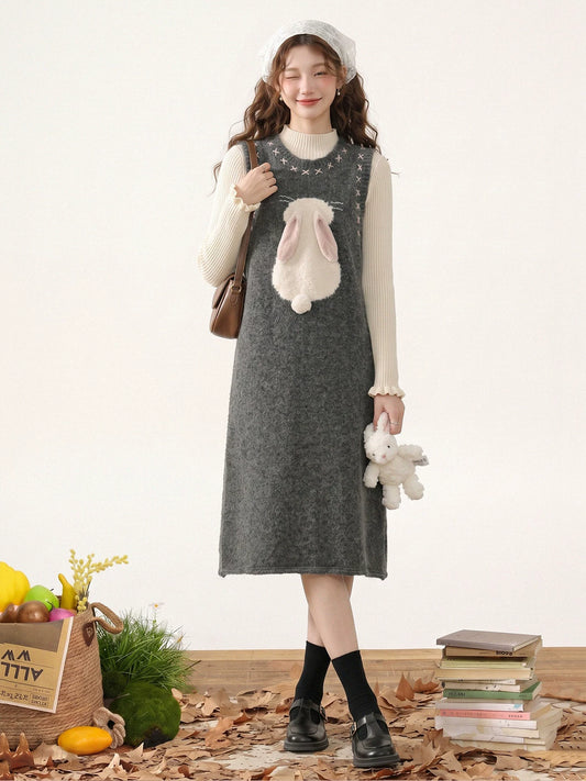 Bunny Tail Sleeveless Sweater Dress (Gray)