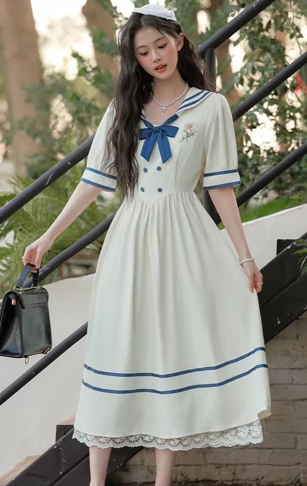 Sailor Girl Midi Dress (White/Blue)